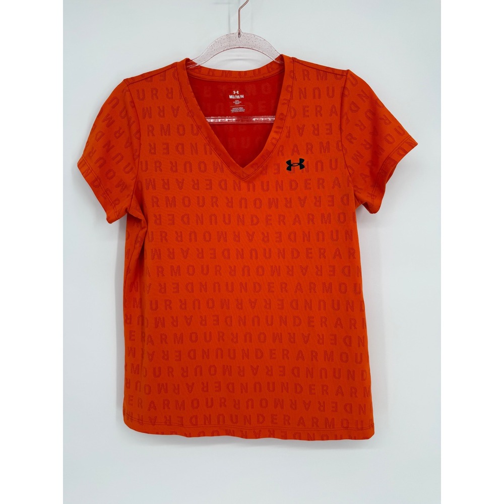 Under Armour Orange V Neck All Over Logo T Shirt Women's Medium Athletic Fit